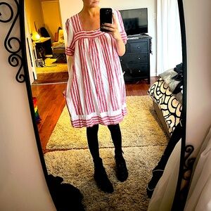 striped pink/red/white dress. Square neckline. Never worn but no tags attached.